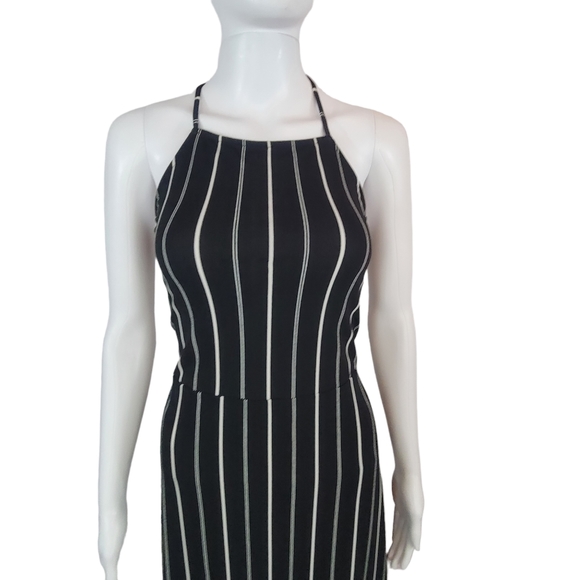 Express Black & White Striped Spaghetti Strap Halter Midi Ruffle Dress Sz L - Picture 3 of 7